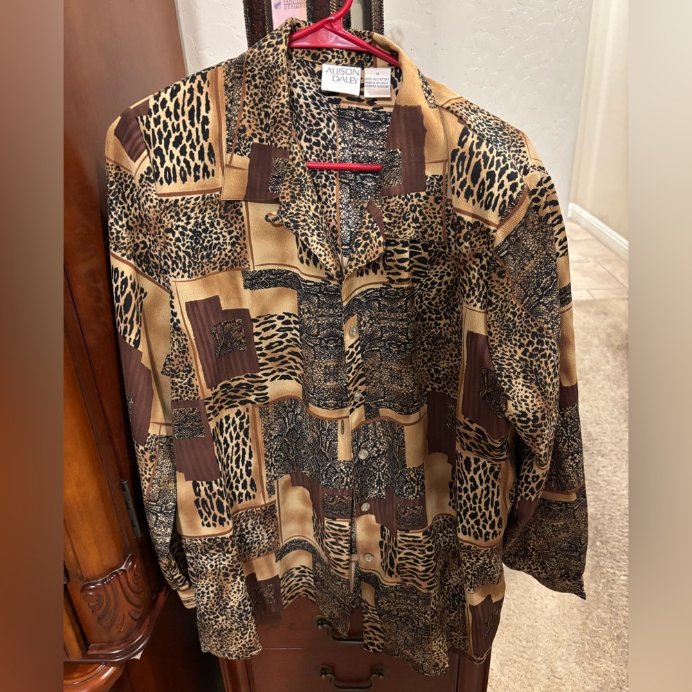 Allison Daley Men’s Patchwork Animal Print Button-Down Shirt in Brown and Tan